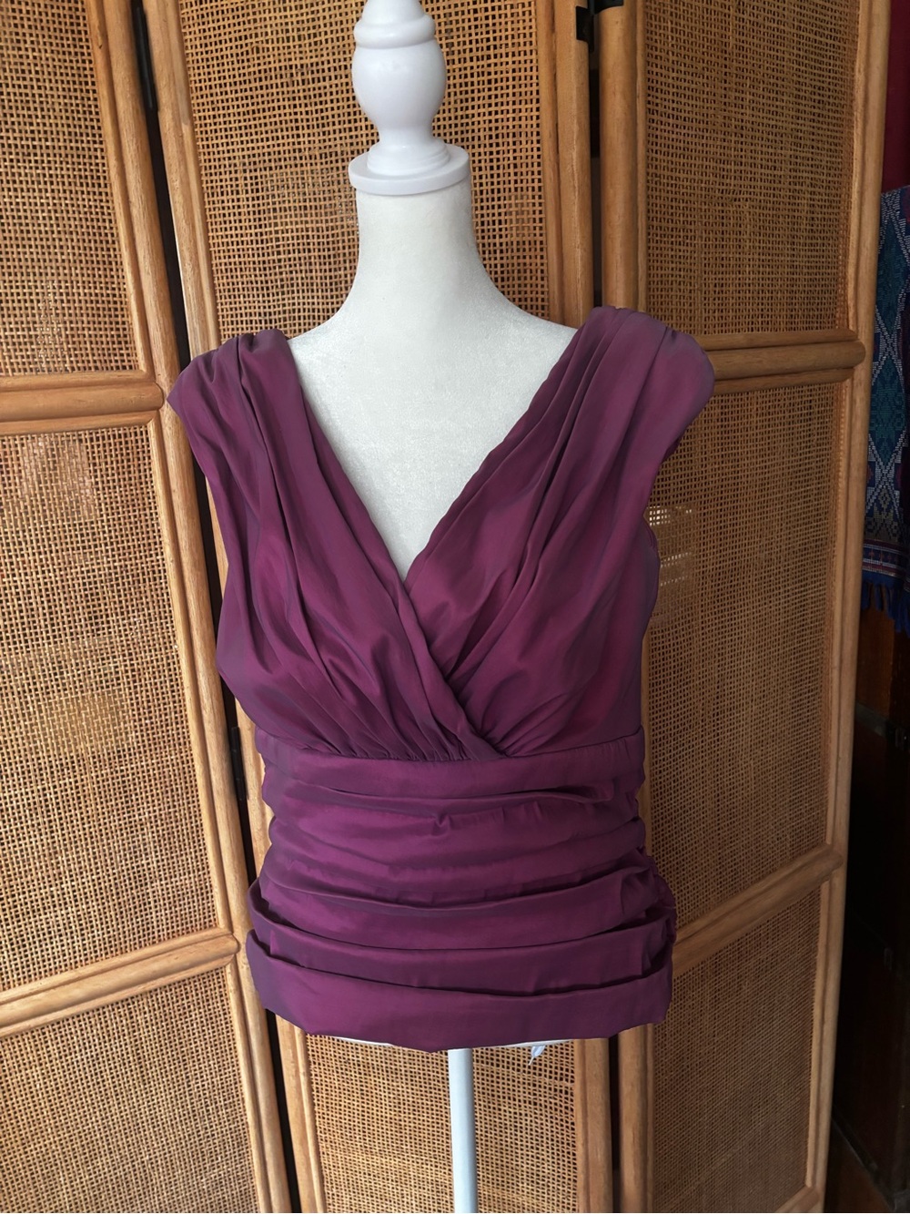 Tadashi Shoji Draped V-Neck Chiffon Blouse in Plum